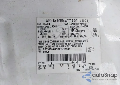 2003 Ford Ranger Edge/Tremor/Xlt z USA, uszkodzony, nr VIN 1FTYR44U53PB76230